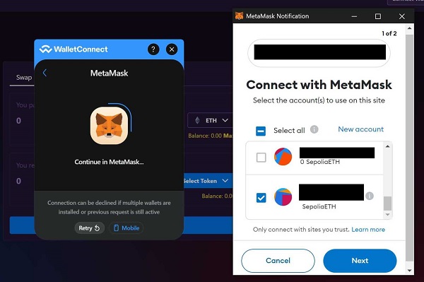 Approving the modal to connect with Metamask